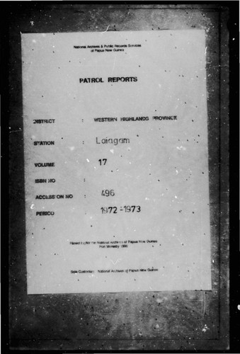 Patrol Reports. Western Highlands District, Laiagam, 1972 - 1973