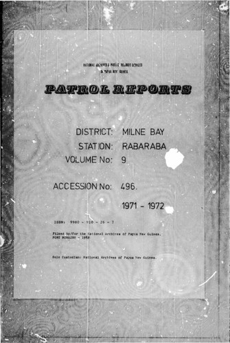 Patrol Reports. Milne Bay District, Rabaraba, 1971 - 1972