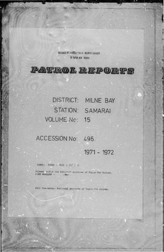 Patrol Reports. Milne Bay District, Samarai, 1971 - 1972