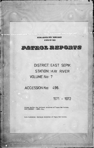 Patrol Reports. East Sepik District, May River, 1971 - 1972