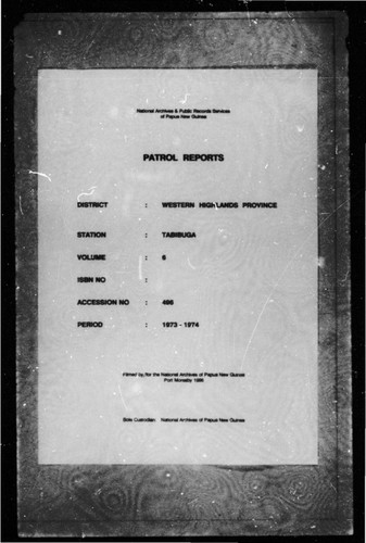 Patrol Reports. Western Highlands District, Tabibuga, 1973 - 1974