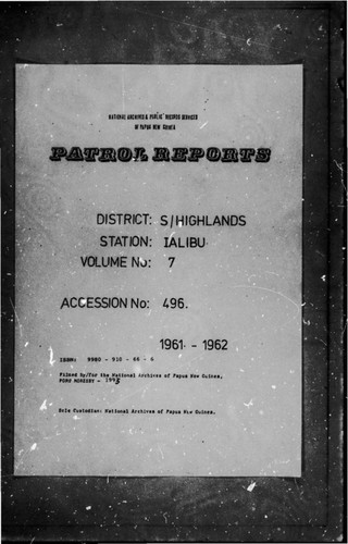 Patrol Reports. Southern Highlands District, Ialibu, 1961 - 1962