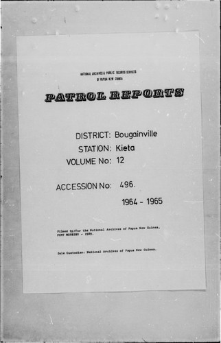 Patrol Reports. Bougainville District, Kieta, 1964 - 1965