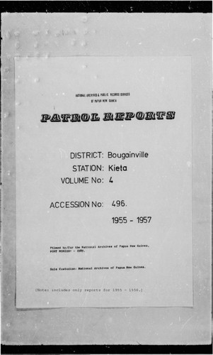 Patrol Reports. Bougainville District, Kieta, 1955 - 1956