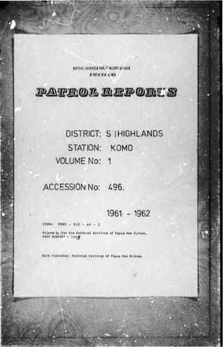 Patrol Reports. Southern Highlands District, Komo, 1961 - 1962