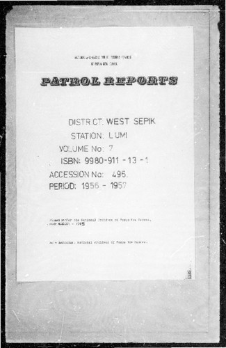 Patrol Reports. West Sepik District, Lumi, 1956 - 1957