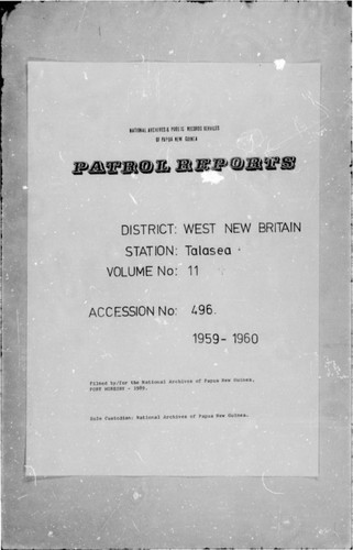 Patrol Reports. West New Britain District, Talasea, 1959 - 1960