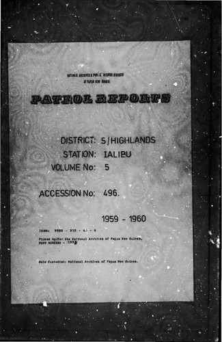 Patrol Reports. Southern Highlands District, Ialibu, 1959 - 1960