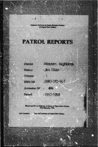 Patrol Reports. Western Highlands District, Jimi River, 1957 - 1958