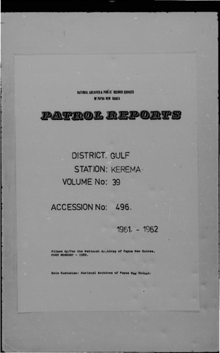 Patrol Reports. Gulf District, Kerema, 1961-1962