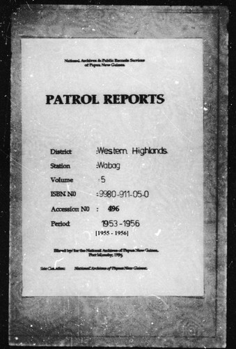 Patrol Reports. Western Highlands District, Wabag, 1955 - 1956