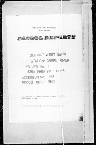 Patrol Reports. West Sepik District, Green River, 1964 - 1965