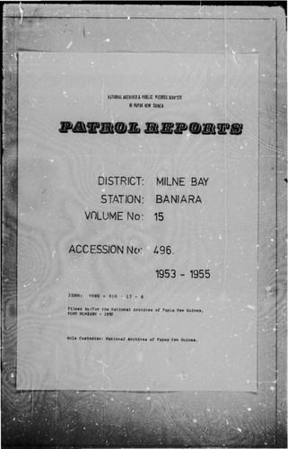 Patrol Reports. Milne Bay District, Baniara, 1953 - 1955