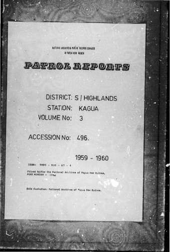 Patrol Reports. Southern Highlands District, Kagua, 1959 - 1960