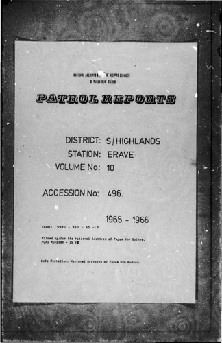 Patrol Reports. Southern Highlands District, Erave, 1965 - 1966