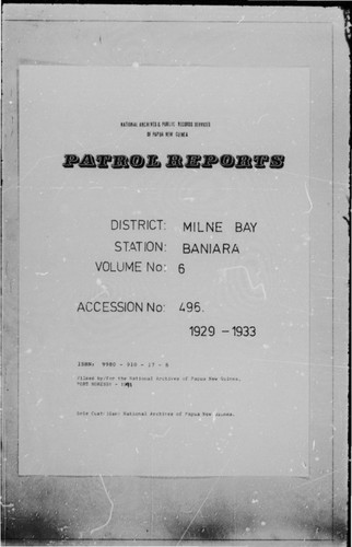 Patrol Reports. Milne Bay District, Baniara, 1929 - 1933