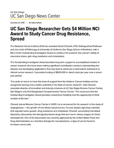 UC San Diego Researcher Gets $4 Million NCI Award to Study Cancer Drug Resistance, Spread