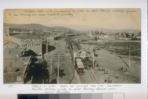 1880's or later. Cable car crossed the new Southern Pacific railway yards to over Downey Ave. now North Browday [Broadway?]