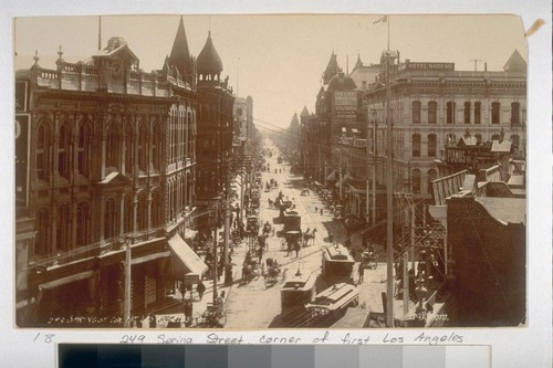 249 Spring Street, corner of First, Los Angeles Hotel Nadeau--Present site of Times Building. Buildings--left foreground are on present site of Los Angeles City Hall. Late 1890's or early 1900. Prior to 1904 because Stoll & Thayer were at corner of Third and Spring by 1904 and this shows them at 137 So. Spring. Park Photo