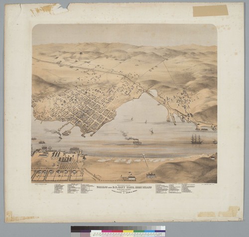 Bird's-eye view of the city of Vallejo and US Navy Yard, Mare Island, Solano County, California, 1871