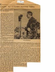 Clipping titled Complete Text of Founder's Anniversary Address from 1938