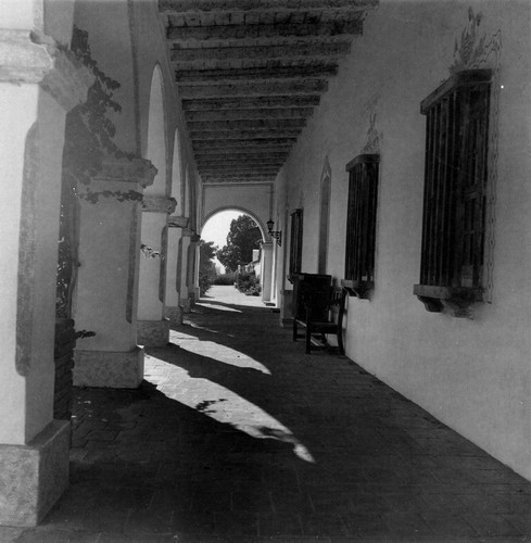 Interior of front arcade at Mission San Luis Rey in San Diego County, CA