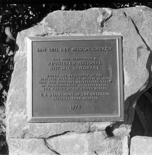 San Luis Rey Mission Church historic landmark plaque in San Diego County, CA