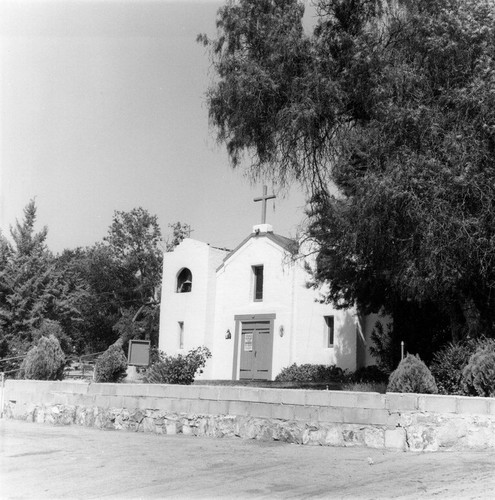 Mission Barona façade from right in Lakeside area of San Diego County, CA