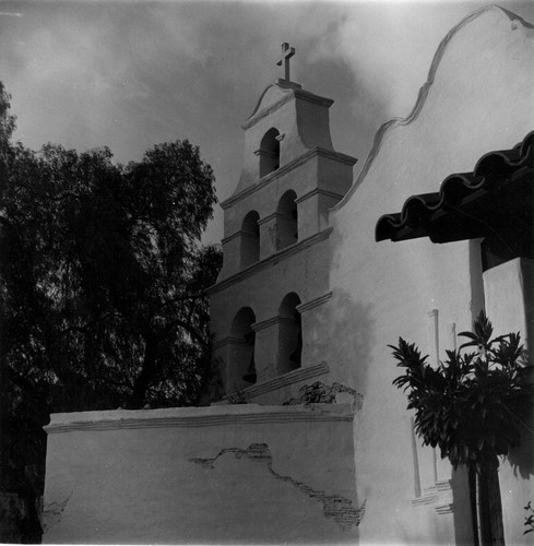 Mission Bell Tower from right at Mission San Diego De Alcala in San Diego County, CA