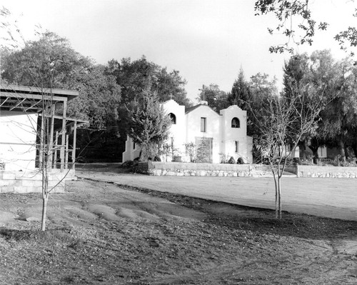 Mission Barona façade showing gardens and side buildings in Lakeside area of San Diego County, CA