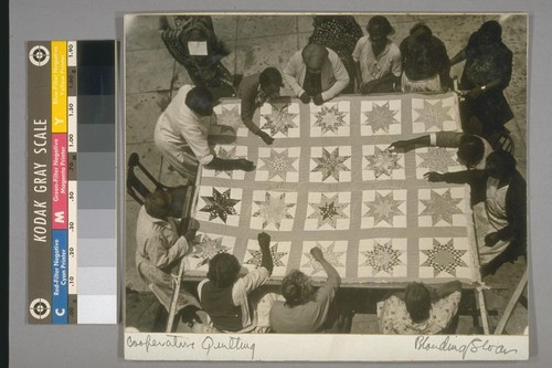 Cooperative quilting. On verso: Quilting by members of a colored cooperative unit, Los Angeles