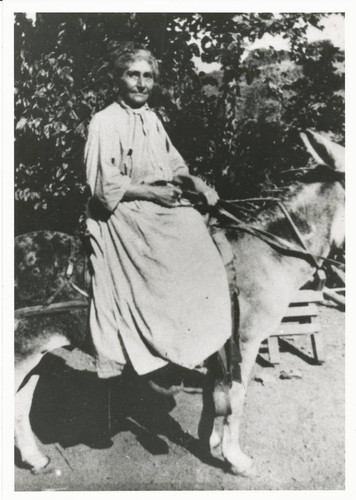 Manuela Trujillo on a donkey, Topanga, California