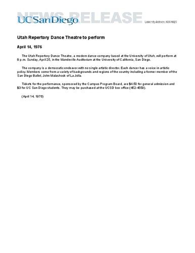 Utah Repertory Dance Theatre to perform