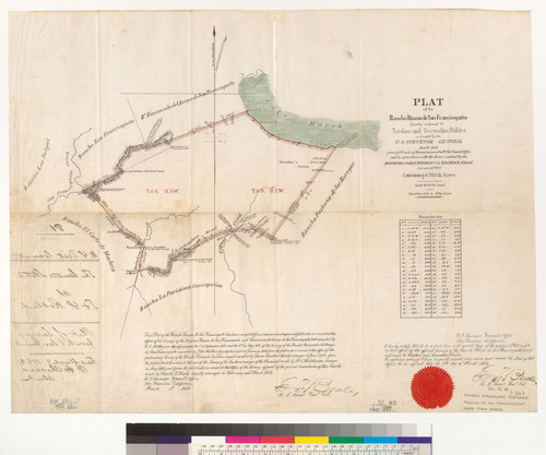 Plat of the Rancho Rincon de San Francisquito, finally confirmed to Teodoro and Secundino Robles : [Santa Clara Co., Calif.] / as located by the U.S. Surveyor General