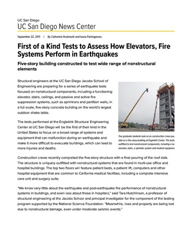 First of a Kind Tests to Assess How Elevators, Fire Systems Perform in Earthquakes