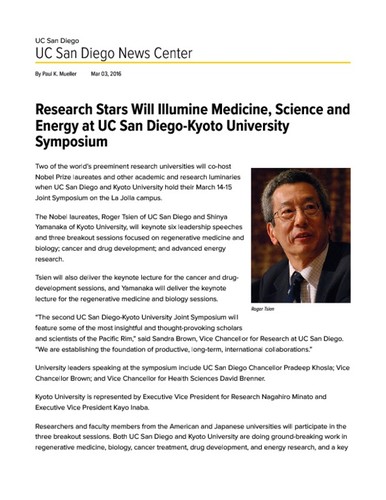 Research Stars Will Illumine Medicine, Science and Energy at UC San Diego-Kyoto University Symposium
