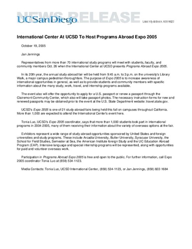 International Center At UCSD To Host Programs Abroad Expo 2005