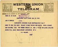 Telegram from William Randolph Hearst to Julia Morgan, July 13, 1923