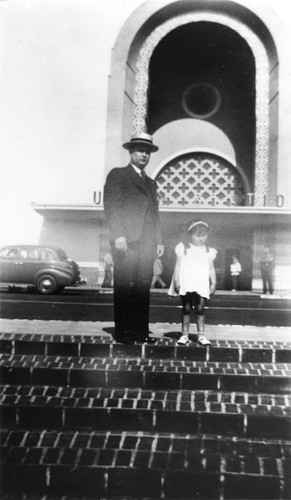 Mexican American with daughter in front of Union Station