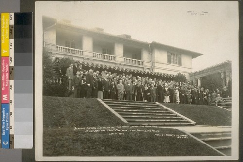 Senator Phelan entertaining the Notre Dame Foot Ball boys at his beautiful home "Montalvo" in the Santa Clara Valley, January 4, 1925