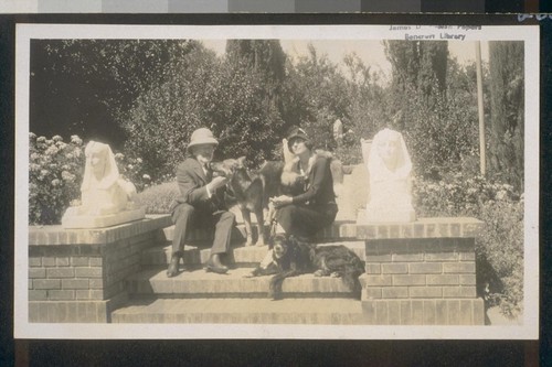 [Phelan and Mrs. Burke with dogs, at Montalvo]