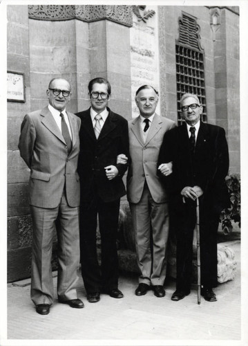 C.A. Meier, James M. Robinson, George H. Page, and Pahor Labib in front of the Coptic Museum