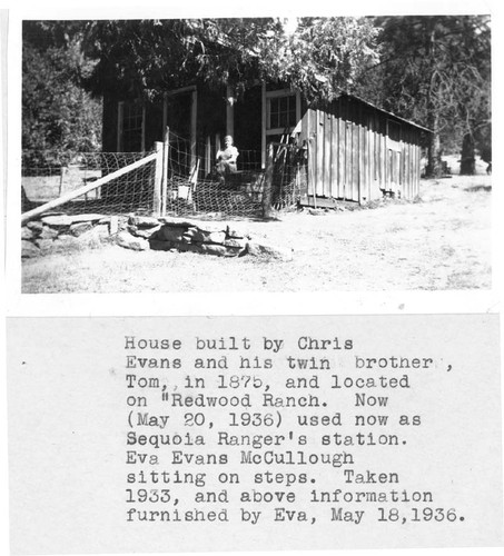 Eva Evans McCullough seated on steps of house