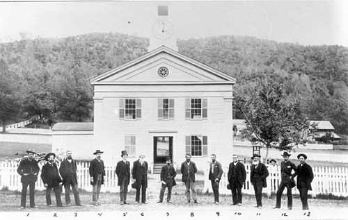 Courthouse and county officials, Mariposa, 1880s