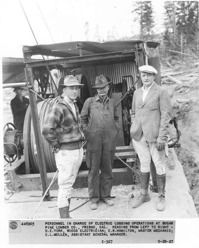 Personnel in charge of electric logging operations at Sugar Pine Lumber co