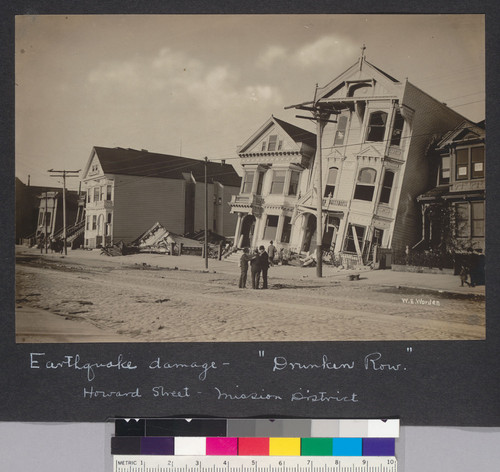 Earthquake damage. "Drunken Row." Howard Street, Mission District. [Photograph by W.E. Worden.]