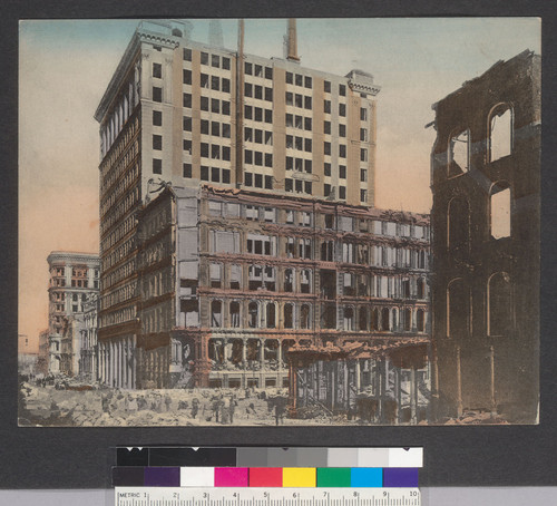 Montgomery and California Sts., showing Merchant's Exchange Bldg., San Francisco, Cal., after the fire, April 18-20, 1906. [No. 1118. Photograph by M. Rieder, Publishers. Tinted print : collotype.]