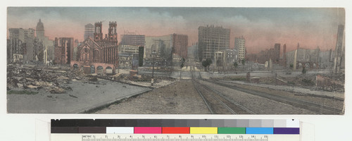 Ruins of the retail district as viewed from Powell St. Hill, San Francisco, Cal. [Panoramic color postcard. No. 6953. M. Rieder, Publisher.]