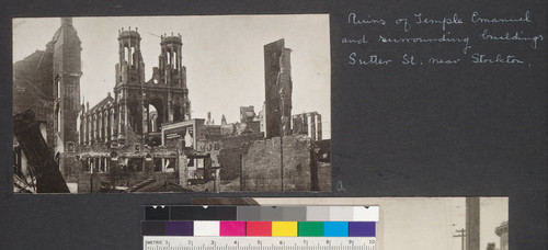 Ruins of Temple Emanuel and surrounding buildings. Sutter St. near Stockton. [Clipping from unidentified source.]