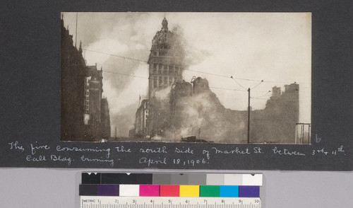 The fire consuming the south side of Market St. between 3rd [Third] & 4th [Fourth]. Call Bldg. burning. April 18, 1906. [Clipping from unidentified source.]